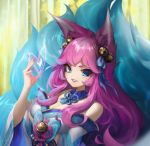  1girl absurdres ahri animal_ear_fluff animal_ears bare_shoulders bell blue_eyes breasts cleavage facial_mark fingernails fox_ears fox_girl fox_tail hair_bell hair_ornament heart highres huge_filesize juffles kitsune league_of_legends lipstick long_fingernails long_hair long_sleeves looking_at_viewer makeup multiple_tails parted_lips pink_hair pink_nails purple_lips purple_lipstick slit_pupils smile solo spirit_blossom_ahri tail upper_body whisker_markings wide_sleeves 