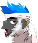  alpha_channel ambiguous_gender anthro blue_hair clothing ear_piercing fur grey_body grey_fur hair haplorhine jack_badger mammal meme monkey open_mouth piercing pink_eyes pog primate solo 