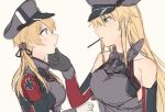  2girls anchor_hair_ornament bangs bismarck_(kantai_collection) black_gloves blonde_hair blue_eyes blush breasts chin_grab elbow_gloves food from_side gloves hair_ornament hat iron_cross kantai_collection long_hair long_sleeves mouth_hold multiple_girls peaked_cap pocky prinz_eugen_(kantai_collection) profile satsumi simple_background sketch sleeveless twintails upper_body white_background white_gloves yuri 