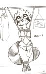  alec8ter anthro bdsm bondage bound clothed clothing english_text female fur gag mammal monochrome panties procyonid raccoon rope rope_bondage rope_harness sex_toy shirt sign solo t-shirt tank_top tape tape_gag text topwear underwear vibrator 