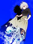  1girl amplifier_(instrument) antenna_hair aohitsugi_nemu blue_background blush bracelet breasts hypnosis_mic jewelry large_breasts orange_amplifiers red_eyes shadow short_hair silver_hair simple_background skeleton skirt skirt_lift smile solo suspender_skirt suspenders sweater yoruhachi 