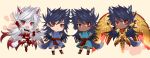  4boys alternate_design alternate_hair_color animal_ears bangs blood blood_stain bloody_clothes bloody_hands breastplate chibi closed_mouth dark_blue_hair dark_skin dark_skinned_male earrings elbow_gloves energy fate/grand_order fate_(series) floating full_body gloves glowing_armor golden_wings gradient_hair highres jewelry long_hair male_focus multicolored_hair multiple_boys necklace onasu_(sawagani) purple_hair red_eyes roman_clothes romulus_quirinus_(fate/grand_order) short_sleeves side_cutout simple_background t-pose tail very_long_hair wings wolf_boy wolf_ears wolf_tail 