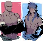  2boys abs alternate_costume bald bangs biceps black_sclera closed_mouth cosplay cropped_torso dark_blue_hair ear_piercing earrings elbow_gloves fate/grand_order fate_(series) gloves highres jewelry koshiro_itsuki lip_piercing long_hair male_focus multiple_boys muscle navel nipples nose_piercing piercing romulus_(fate/grand_order) romulus_quirinus_(fate/grand_order) romulus_quirinus_(fate/grand_order)_(cosplay) shirtless simple_background toned toned_male upper_body very_long_hair 