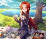  1girl black_jacket black_legwear black_skirt blush commentary_request copyright_name cup day food grass hands_up hashimoto_hato holding holding_food jacket lake long_hair looking_at_viewer mountainous_horizon official_art outdoors picnic picnic_basket pie plate red_eyes red_hair seiza sitting skirt smile solo sword_art_online tea teacup tiese_schtrinen tree zenonzard 