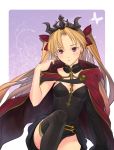  1girl asymmetrical_long_sleeves between_breasts black_choker black_legwear black_leotard blonde_hair border bow breasts cape choker closed_mouth diadem earrings ereshkigal_(fate/grand_order) fate/grand_order fate_(series) floating_hair frown hair_bow hair_intakes highres jewelry leotard long_hair looking_at_viewer outside_border purple_background red_bow red_cape red_eyes ri-ko single_sleeve sitting small_breasts solo strapless strapless_leotard thighhighs twintails very_long_hair white_border 