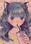  1girl animal_ears blue_eyes blue_hair cup drinking drinking_straw eokaku_surimi highres original shirt simple_background solo yellow_shirt 