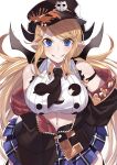  1girl absurdres bangs bare_shoulders black_headwear black_horns black_neckwear black_wings blonde_hair blue_eyes blue_skirt blush breasts collared_shirt cowboy_shot draph granblue_fantasy grin hair_ornament hallessena hand_on_hip hat highres horns huge_filesize jacket kamekiti large_breasts leaning_forward long_hair long_sleeves looking_at_viewer mini_wings miniskirt necktie off-shoulder_jacket open_clothes open_jacket pleated_skirt pointy_ears shirt short_necktie simple_background skirt smile solo twintails very_long_hair virtual_youtuber white_background white_shirt wings 