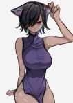  1girl animal_ears black_hair breasts cat_ears china_dress chinese_clothes closed_mouth covered_navel dress hair_over_one_eye hand_up highres huge_breasts one_eye_covered original purple_dress red_eyes rucchiifu short_hair simple_background sitting sleeveless sleeveless_dress solo white_background 