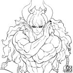  1boy abs asterios_(fate/grand_order) black_nails black_sclera cow_horns fate/grand_order fate_(series) highres horns jamrolypoly jojo_no_kimyou_na_bouken jojo_pose long_hair looking_at_viewer male_focus muscle navel nipples pose simple_background solo uncolored upper_body white_background 