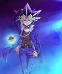  1boy arm_up belt belt_buckle black_belt black_hair black_shirt blonde_hair blue_background blue_jacket blue_pants blue_theme buckle chain collar collarbone hair_intakes jacket long_hair long_sleeves looking_at_viewer male_focus millennium_puzzle multicolored_hair mutou_yuugi open_clothes open_jacket pants parted_lips purple_hair red_eyes seren_(seresere) shirt solo spiked_hair standing thigh_gap yu-gi-oh! yu-gi-oh!_duel_monsters 