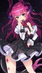  1girl :d amethyst_(gemstone) artist_name bare_shoulders black_dress blue_eyes blush cable contrapposto demon_girl demon_horns demon_tail detached_sleeves dress elizabeth_bathory_(fate) elizabeth_bathory_(fate)_(all) eyebrows eyebrows_visible_through_hair fang fate/extra fate/extra_ccc fate_(series) flat_chest frilled_sleeves frills gem hand_on_hip head_tilt highres holding holding_microphone horns long_hair long_sleeves looking_at_viewer microphone mika_pikazo open_mouth pink_hair pointy_ears pose smile solo standing star_(symbol) tail thighs tooth wrist_cuffs 
