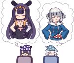  2girls absurdres alternate_breast_size breast_conscious breasts cleavage closed_eyes dreaming gawr_gura hands_on_hips highres hololive hololive_english large_breasts long_hair multiple_girls nekoya_(akjt4869) ninomae_ina&#039;nis purple_hair silver_hair sleeping smug two_side_up very_long_hair virtual_youtuber white_background 