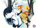  absurd_res anthro blue_sky breast_squish breasts dirtyscoundrel duo eyes_closed feathered_wings feathers female fur hi_res hug hybrid male male/female mammal scared size_difference sky slightly_chubby smile squish tree white_body white_fur wings 