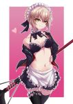  1girl apron artoria_pendragon_(all) artoria_pendragon_(swimsuit_rider_alter) bikini black_bikini black_legwear black_skirt blonde_hair braid breasts choker cleavage cowboy_shot eyebrows_visible_through_hair fate/grand_order fate_(series) french_braid frilled_apron frilled_bikini frilled_choker frills hand_on_hip heart highres jacket leg_garter looking_at_viewer maid_bikini maid_headdress medium_breasts miying_(13975192760) mop navel open_clothes pink_background ribbon skirt smile solo swimsuit thighhighs waist_apron yellow_eyes 