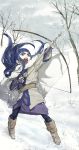  1girl absurdres ainu ainu_clothes arrow_(projectile) asirpa bandana blue_bandana blue_eyes blue_hair boots bow_(weapon) cape drawing_bow earrings fur_boots fur_cape golden_kamuy highres holding holding_bow_(weapon) holding_weapon hoop_earrings jewelry long_hair open_mouth outdoors shouting snow solo tit_horse weapon winter 