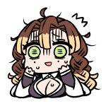  1girl alternate_hair_color blonde_hair breasts brown_hair chan_co chibi cleavage cleavage_cutout clothing_cutout dip-dyed_hair green_eyes kanroji_mitsuri kimetsu_no_yaiba large_breasts scared solo white_background 