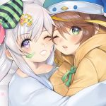  2girls airani_iofifteen amicia_michella brown_hair close-up english_commentary green_eyes grey_hair highres hololive hololive_indonesia hug light_blush multiple_girls najjo nijisanji nijisanji_id one_eye_closed open_mouth purple_eyes 