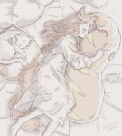  1girl animal_ears barefoot cat cellphone dress eokaku_surimi from_above highres long_hair original phone pillow pillow_hug sleeping smartphone solo tail 