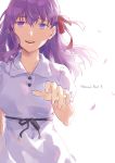  1girl :d bangs black_ribbon collarbone collared_dress dress eyebrows_visible_through_hair fate/stay_night fate_(series) floating_hair hair_between_eyes hair_ribbon heaven&#039;s_feel highres ikeine_2z long_hair looking_at_viewer matou_sakura open_mouth petals purple_eyes purple_hair red_ribbon rei_no_himo ribbon short_sleeves sketch smile solo standing sundress white_background white_dress wing_collar 