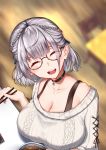  1girl :d bangs black_choker blurry blurry_background bowl braid breasts choker chopsticks cleavage closed_eyes food glasses highres holding holding_chopsticks hololive large_breasts open_mouth ribbed_sweater shirogane_noel short_hair side_braid siebolds_demon silver_hair smile strap sweater table virtual_youtuber white_sweater 