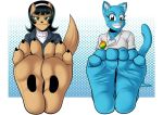  3_toes accessory anthro black_hair black_pawpads blue_body blue_fur brown_body brown_fur cartoon_network claws clothing crossover cyborg-steve domestic_cat duo feet felid feline felis female foot_fetish fur green_eyes hair headband inner_ear_fluff kitty_katswell looking_at_viewer mammal nickelodeon nicole_watterson pawpads paws pink_nose sitting smile t.u.f.f._puppy the_amazing_world_of_gumball toe_claws toes tuft 