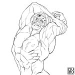  1boy abs arms_up chest completely_nude fate/grand_order fate_(series) highres jamrolypoly jojo_no_kimyou_na_bouken jojo_pose looking_at_viewer male_focus muscle navel nipples nude pose short_hair simple_background smile solo spartacus_(fate) uncolored upper_body white_background 