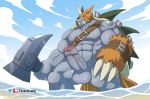  2020 anthro balls claws digimon digimon_(species) erection genitals grey_body horn humanoid_genitalia humanoid_penis male muscular muscular_male pecs penis solo takataka water wet zudomon 