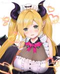  1girl absurdres blonde_hair breasts cleavage demon_girl fang green_eyes highres hololive horns large_breasts maid_headdress najjo open_mouth pointy_ears solo two_side_up virtual_youtuber white_background yuzuki_choco 