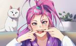  1girl absurdres blue_eyes cat commentary_request dymao face finger_in_mouth green_nails hair_tie highres jewelry k/da_(league_of_legends) league_of_legends long_hair looking_at_viewer multicolored_hair open_mouth pink_hair red_lips seraphine_(league_of_legends) solo tongue tongue_out upper_teeth 