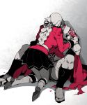  1boy 1girl armor black_skirt blood bloody_hands boots breasts caligula_(fate/grand_order) cape covered_face fate/grand_order fate_(series) florence_nightingale_(fate/grand_order) full_body koshiro_itsuki limited_palette long_hair muscle partially_colored red_cape roman_clothes sandals short_hair skirt spread_legs 