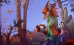  2020 anthro canid canine clothed clothing cup detailed_background disney duo fox fully_clothed fur grey_body grey_fur hi_res holding_cup holding_object hyilpi judy_hopps lagomorph leporid mammal nick_wilde orange_body orange_fur outside rabbit red_fox shirt smile t-shirt topwear tree zootopia 