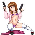  1girl asortofcolorfag bangs bikini black_footwear blunt_bangs blush brown_hair cardigan chelsea_grimwood collaboration colorized dual_wielding flat_chest full_body gibberish green_eyes gun handgun highres holding holding_gun holding_weapon lowleg lowleg_bikini medium_hair micro_bikini navel open_cardigan open_clothes over-kneehighs pink_cardigan pistol purple_bikini riding_bean solo squatting stomach swimsuit thighhighs weapon white_legwear 