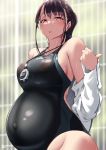  1girl black_hair black_swimsuit nipples pregnant swimsuit 