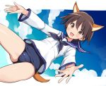  1girl animal_ears blouse blue_neckwear blue_sailor_collar blue_sky blue_swimsuit blush brown_eyes brown_hair cloud cloudy_sky commentary_request crotch_seam day dress dutch_angle eyebrows_visible_through_hair long_sleeves looking_at_viewer miyafuji_yoshika neckerchief odawara_hakone open_mouth outside_border outstretched_arms partial_commentary sailor_collar sailor_dress school_swimsuit short_hair sky smile solo spread_arms standing strike_witches swimsuit swimsuit_under_clothes tail uniform white_blouse world_witches_series 