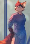  anthro canid canine canis casual_clothing clothing darkflamewolf fan_character female grin hand_in_pocket hi_res khaki_pants mammal murana_wolford_(darkflame-wolf) pockets pole pose rolled_sleeves shaeto shirt smile solo topwear wolf 