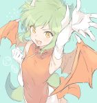  1girl :o armpits blue_background china_dress chinese_clothes clenched_hand draco_centauros dragon_girl dragon_horns dragon_tail dragon_wings dress elbow_gloves eyebrows_visible_through_hair eyes_visible_through_hair fangs gloves green_hair highres horns madou_monogatari open_mouth orange_eyes outstretched_arm pants pointy_ears puyo_(puyopuyo) puyopuyo red_dress sansaro_rii side_slit simple_background sleeveless sleeveless_dress slit_pupils solo tail v-shaped_eyebrows white_gloves wings 