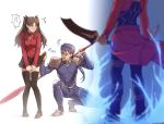  1girl 2boys archer black_legwear black_pants black_skirt blue_bodysuit blue_hair bodysuit brown_hair commentary_request cu_chulainn_(fate)_(all) energy fate/stay_night fate_(series) head_out_of_frame highres holding holding_spear holding_sword holding_weapon jacket lancer long_hair looking_at_another mondi_hl multiple_boys open_mouth pants polearm ponytail red_jacket red_shirt shirt shoulder_plates skirt skirt_tug spear squatting standing sword thighhighs tohsaka_rin two_side_up weapon 