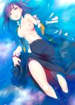  1girl blood blood_in_water breasts commentary fate/stay_night fate_(series) highres looking_at_viewer matou_sakura mikazuki_akira! nipples open_mouth purple_eyes purple_hair ribbon_hair skirt solo water 