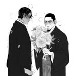  2boys bangs blush bouquet breath buzz_cut couple dark_skin dark_skinned_male eye_contact flower garamgum golden_kamuy greyscale husband_and_husband japanese_clothes kimono koito_otonoshin long_sleeves looking_at_another male_focus monochrome multiple_boys nervous parted_bangs short_hair tsukishima_hajime very_short_hair wedding white_background yaoi 