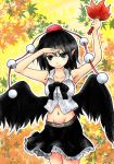  autumn_leaves black_hair black_skirt black_wings bow bowtie fan hat leaf leaf_background leaf_fan navel pom_pom_(clothes) shameimaru_aya shirt skirt sleeveless sleeveless_shirt tengu touhou winecrazy wings 