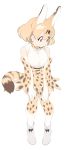  1girl absurdres animal_ears bangs bare_shoulders blonde_hair boots bow bowtie breasts brown_eyes closed_mouth elbow_gloves eyebrows_visible_through_hair gloves hands_on_own_knees highres kemono_friends kona_ming looking_away medium_breasts serval_(kemono_friends) serval_tail shirt short_hair skirt sleeveless sleeveless_shirt solo standing tail white_background white_footwear 