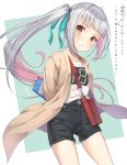  1girl arms_behind_back bag blush casual coat commentary_request cowboy_shot eyebrows_visible_through_hair gradient_hair highres kantai_collection kasumi_(kantai_collection) long_hair long_sleeves looking_at_viewer multicolored_hair nueco remodel_(kantai_collection) shirt shorts shoulder_bag side_ponytail silver_hair simple_background yellow_eyes 