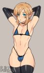  abs armwear bikini blonde_hair blue_eyes bulge clothed clothing crossdressing cuccokingu elbow_gloves girly gloves hair handwear humanoid humanoid_pointy_ears hylian legwear link looking_at_viewer male nintendo nipple_outline not_furry skindentation swimwear the_legend_of_zelda thick_thighs thigh_highs video_games wide_hips 