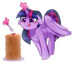  absurd_res berry cutlery equid equine feathered_wings feathers female feral food fork friendship_is_magic fruit hair hi_res horn horse kitchen_utensils licking licking_lips magic mammal my_little_pony pancake plant pony purple_body purple_hair tongue tongue_out tools twilight_sparkle_(mlp) winged_unicorn wings 