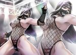  1girl arena benikage black_gloves black_hair bracer breasts brown_eyes cleavage determined fighting_stance fingers fishnet_leotard fishnets gloves headband large_breasts lights long_hair mask navel ninja rumble_roses shibusun spotlight spread_legs thighs toned wrestling_outfit 