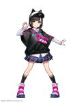  1girl animal_hat ankle_boots baseball_cap black_hair black_legwear blue_skirt bob_cut boots cat_hat claw_pose closed_mouth collared_shirt denonbu fanny_pack full_body grin hat kurogane_tama long_sleeves looking_at_viewer mika_pikazo miniskirt official_art pigeon-toed pleated_skirt shirt short_hair short_over_long_sleeves short_sleeves simple_background skirt smile socks solo watermark white_background white_shirt wing_collar yellow_eyes 