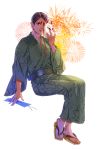  1boy alternate_costume bangs casual contemporary dark_skin dark_skinned_male festival fireworks full_body garamgum golden_kamuy green_kimono japanese_clothes kimono koito_otonoshin looking_at_viewer male_focus mask mask_removed parted_bangs purple_eyes purple_hair sandals short_hair sitting 