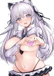  1girl absurdres animal_ear_fluff animal_ears aruvina_(gu_luco) bangs between_breasts blush breasts cat_ears cat_girl collared_shirt earrings eyebrows_visible_through_hair fang frills gu_luco hair_between_eyes hair_ribbon heart heart-shaped_boob_challenge heart_hands heart_pasties highleg highres huge_filesize jewelry large_breasts long_hair long_sleeves looking_at_viewer midriff miniskirt navel necktie necktie_between_breasts open_mouth original pasties pink_eyes ribbon shirt shrug_(clothing) silver_hair skin_fang skindentation skirt solo stomach sweat tearing_up twintails 