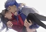  1boy 1girl armor artist_name ass black_hair black_legwear black_ribbon blue_hair carrying cu_chulainn_(fate)_(all) earrings eye_contact fate/stay_night fate_(series) finger_to_mouth grey_background hair_ribbon hand_on_another&#039;s_shoulder hetero highres imminent_kiss jewelry lancer long_hair long_sleeves looking_at_another mondi_hl princess_carry red_eyes red_shirt ribbon shirt shoulder_armor simple_background smile thighhighs tohsaka_rin two_side_up 