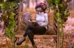 2020 anthro book breasts brown_hair canid canine canis clothed clothing digital_media_(artwork) domestic_dog eyebrows eyelashes female hair holding_book holding_object mammal sitting smile solo tril-mizzrim 